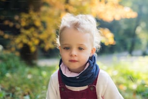 A front view portrait of a small toddler girl standing in autumn forest.