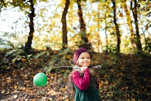 A portrait of a small toddler girl holding balloon in park in sunny autumn nature, walking.