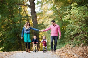 Uma bela família jovem com pequenos gêmeos em uma caminhada na floresta de outono, andando de bicicleta de equilíbrio.
