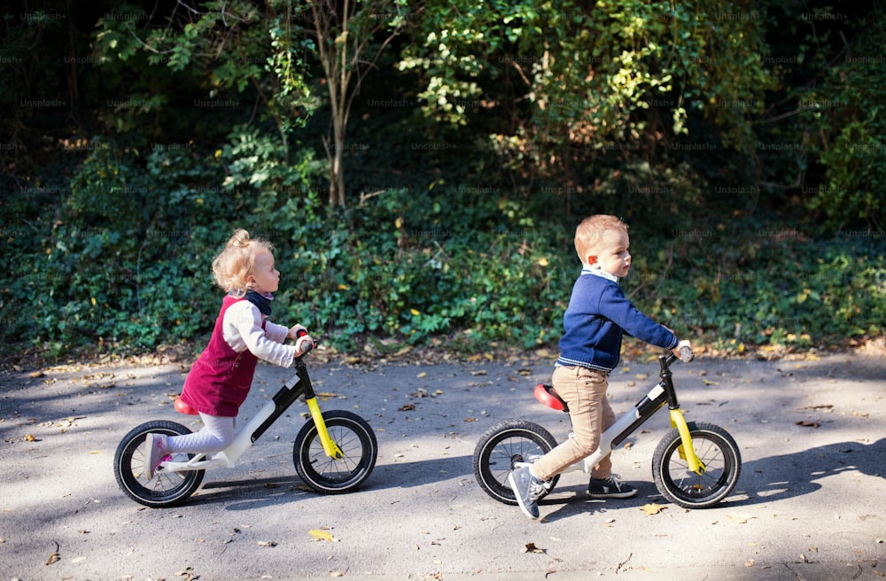 Twin toddler sibling boy and girl in autumn forest, riding balance bike on a path.