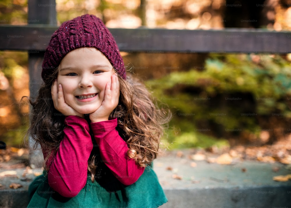 A portrait of a small toddler girl sitting in forest in autumn nature. Copy space.
