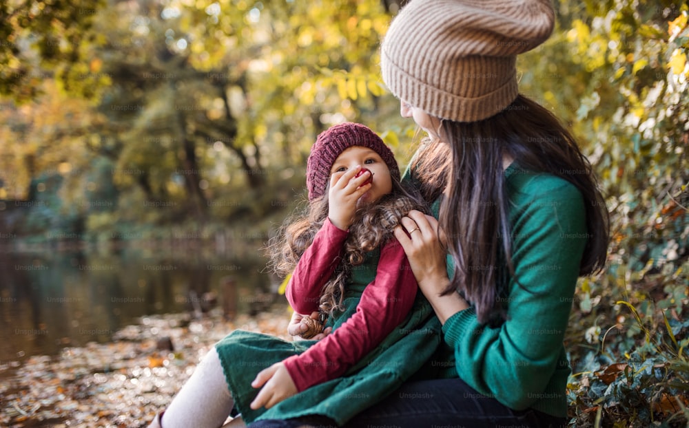 A portrait of young mother with a toddler daughter hugging and kissing in forest in autumn nature.