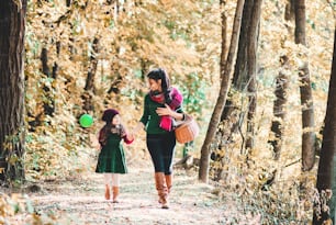 A portrait of young mother with a toddler daughter walking in forest in autumn nature, holding hands.
