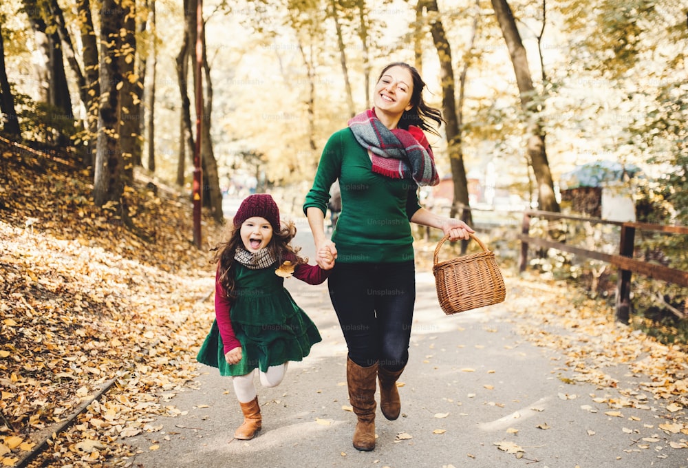 A portrait of young mother with a basket and a toddler daughter running in forest in autumn nature, holding hands.