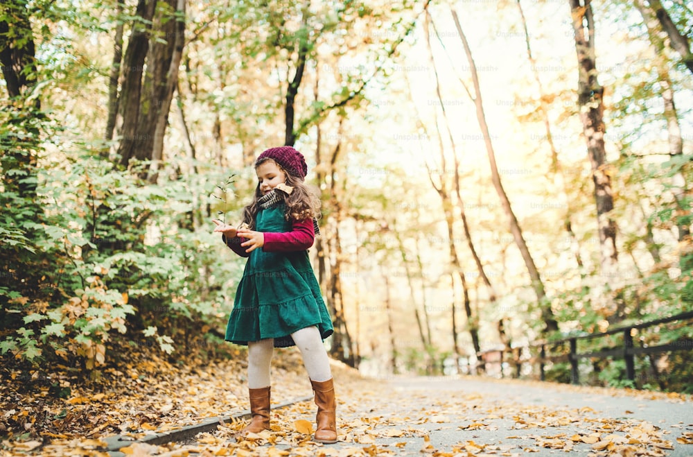 A portrait of a small toddler girl standing in forest in autumn nature, holding a twig. Copy space.