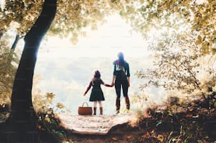 Una vista trasera de la madre con una hija pequeña de pie en el bosque en la naturaleza otoñal, tomados de la mano.