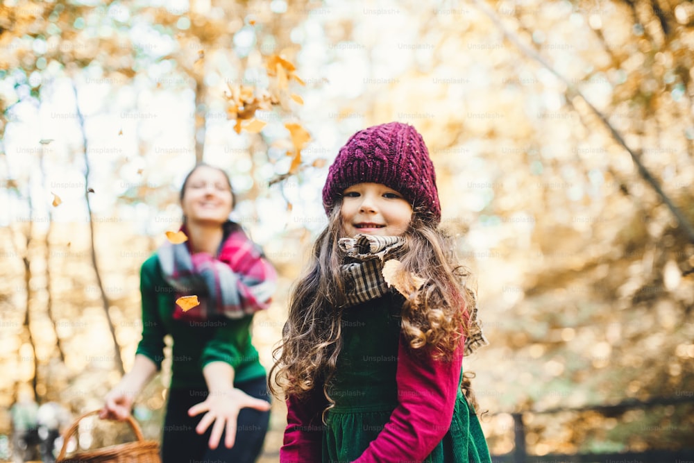 Um retrato de menina pequena com mãe irreconhecível na floresta na natureza do outono, se divertindo.