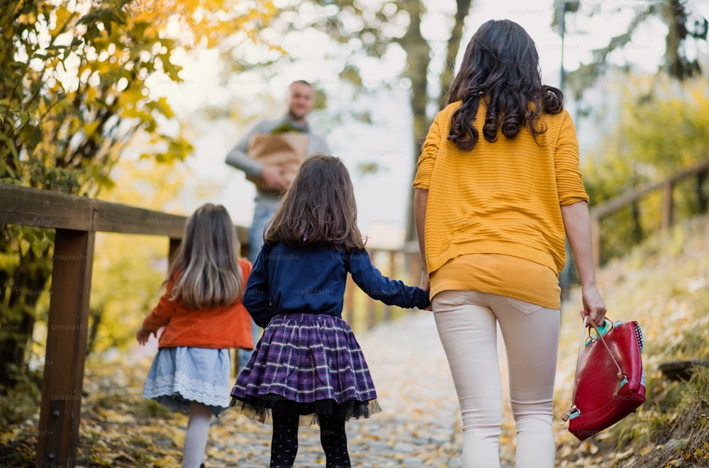 Eine Rückansicht einer jungen Familie mit zwei Kindern, die im Herbst im Park spazieren geht.