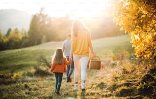 A rear view of young family with small child and on a walk in autumn nature.