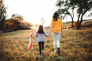 Uma visão traseira da jovem mãe com uma filha pequena andando na natureza do outono ao pôr do sol.