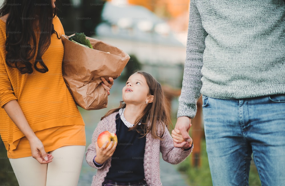사과를 안고 있는 작은 소녀와 알아볼 수 없는 부모가 가을에 공원에서 야외를 걷고 종이 봉지에 음식을 들고 있습니다.