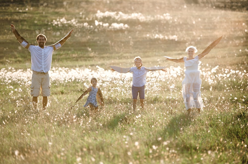 Una familia joven con niños pequeños jugando en un prado en la naturaleza.