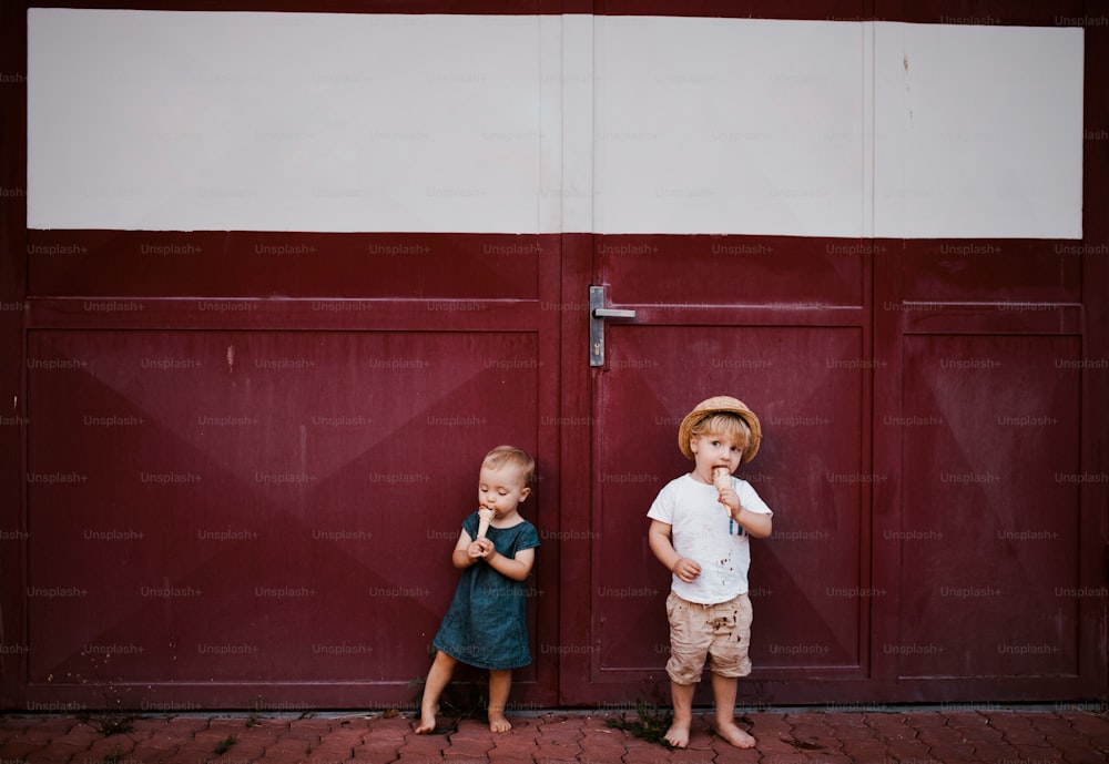 Duas crianças pequenas ao ar livre no verão, comendo sorvete e em pé na frente de um portão.