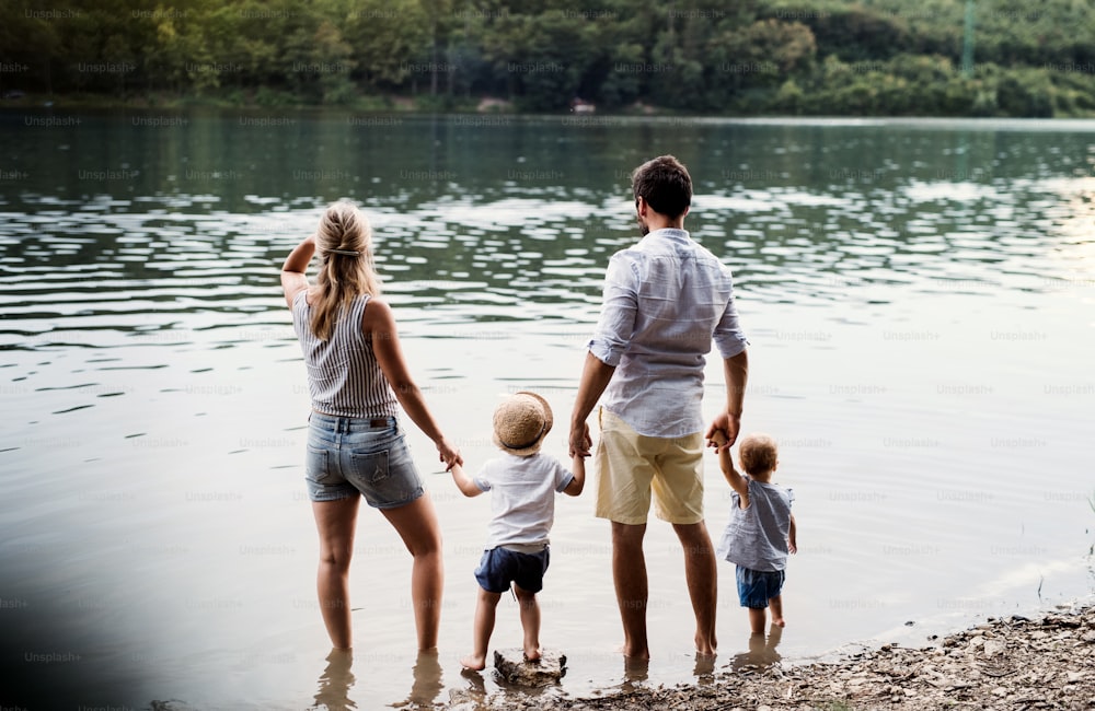 Una vista posteriore di una giovane famiglia con due bambini piccoli che trascorrono del tempo all'aperto vicino al fiume in estate.