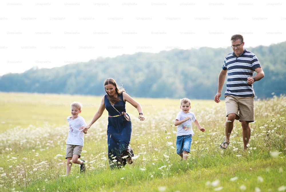 Eine junge Familie mit zwei kleinen fröhlichen Söhnen, die an einem Sommertag in der Natur spazieren gehen.