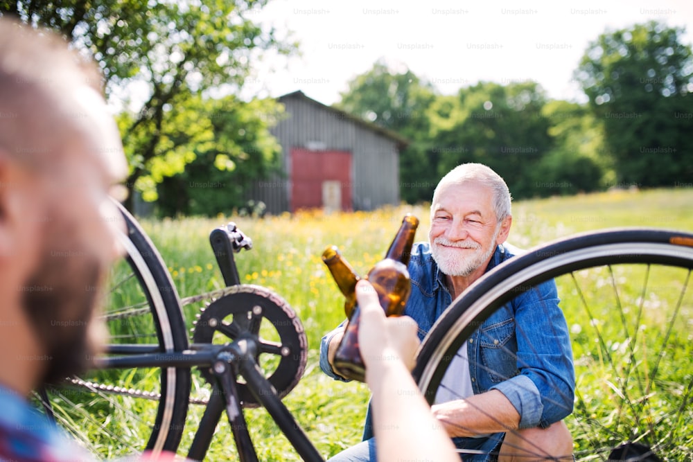 Un padre anziano e un figlio irriconoscibile riparano biciclette fuori in una giornata di sole, tintinnando bottiglie di vetro di birra.