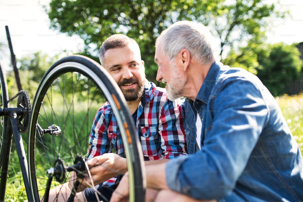 An adult hipster son and senior father repairing bicycle outside on a sunny summer day.