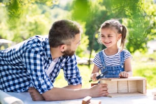 Padre con una piccola figlia fuori, facendo casetta per uccelli in legno o mangiatoia per uccelli.