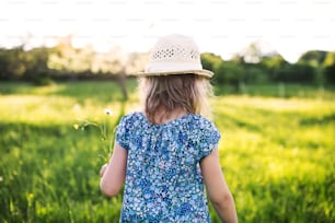 Portrait d’une petite fille dans le jardin dans la nature printanière. Vue arrière.