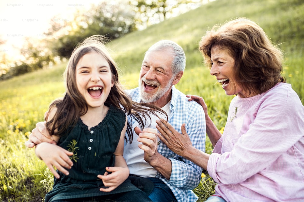A senior couple with granddaughter outside in spring nature, having fun.