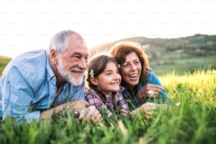 Senior couple with granddaughter outside in spring nature, lying on the grass and relaxing.