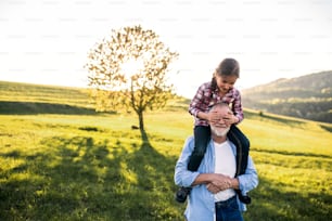 Un nonno anziano che fa un giro in piggyback a una nipotina. Una ragazza che copre gli occhi degli uomini. Copia spazio.