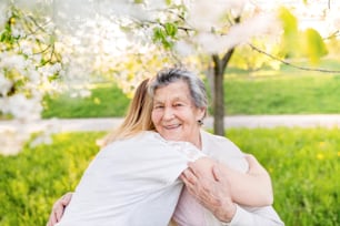 Elderly grandmother and an adult granddaughter outside in spring nature, hugging.