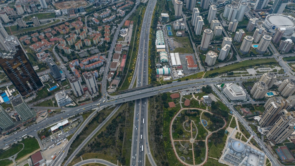 an aerial view of an intersection in a city
