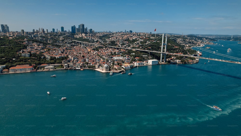 Eine Luftaufnahme einer Brücke, die sich über die Breite einer Stadt erstreckt