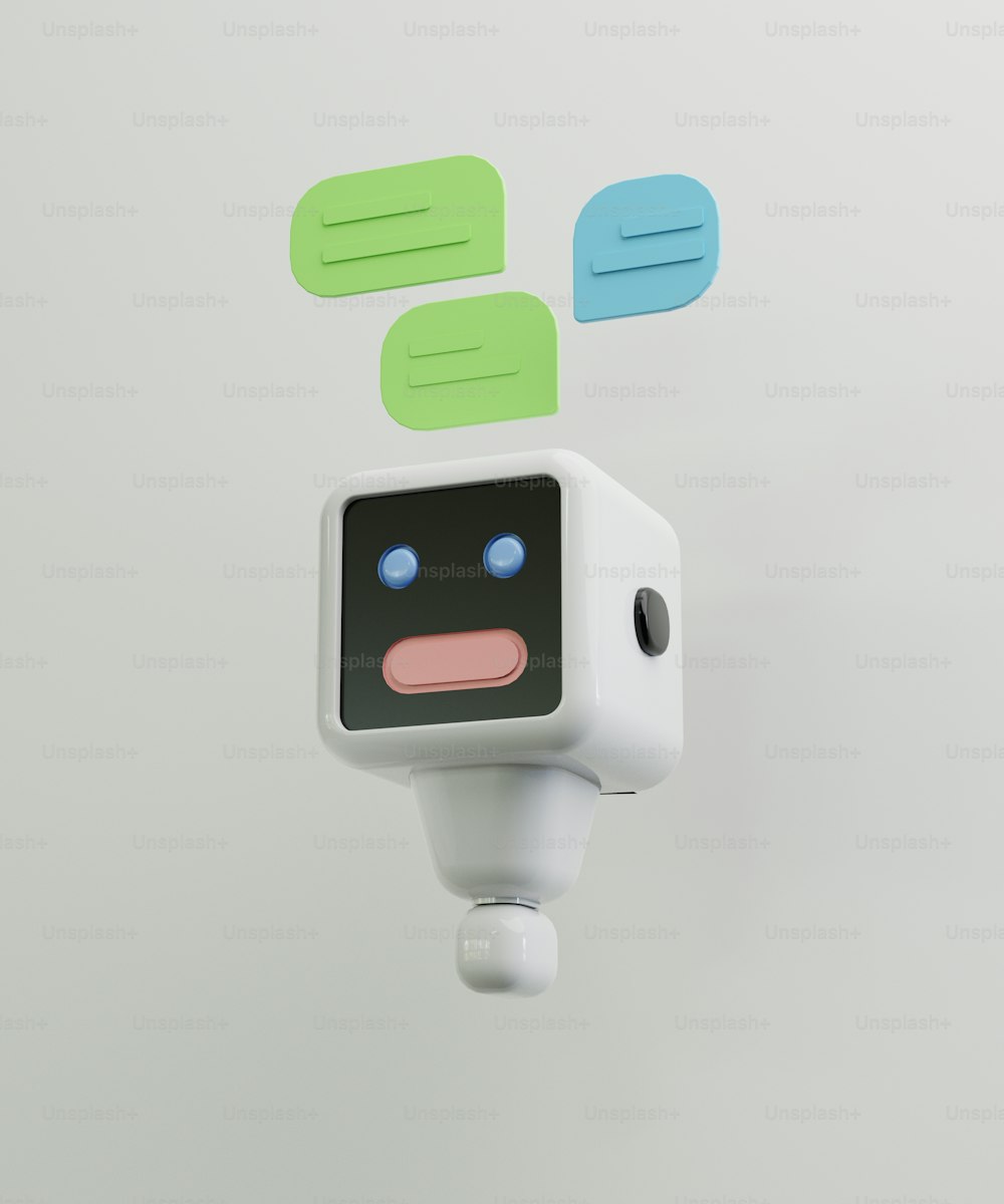 a robot with speech bubbles above it's head