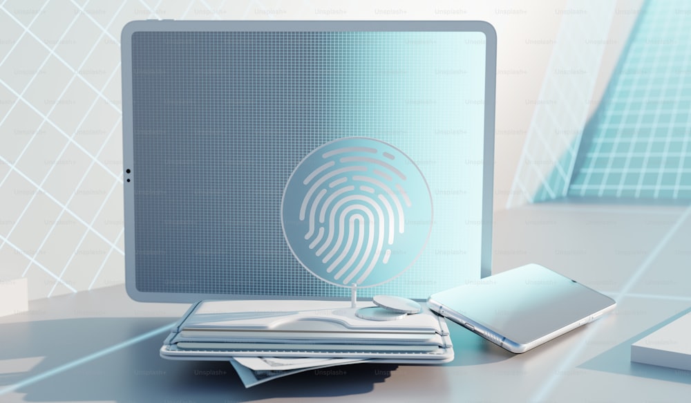 a tablet with a fingerprint on it next to a stack of papers