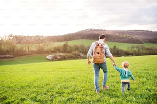 Um pai com seu filho pequeno em uma caminhada ao ar livre na natureza verde ensolarada da primavera. Vista traseira.