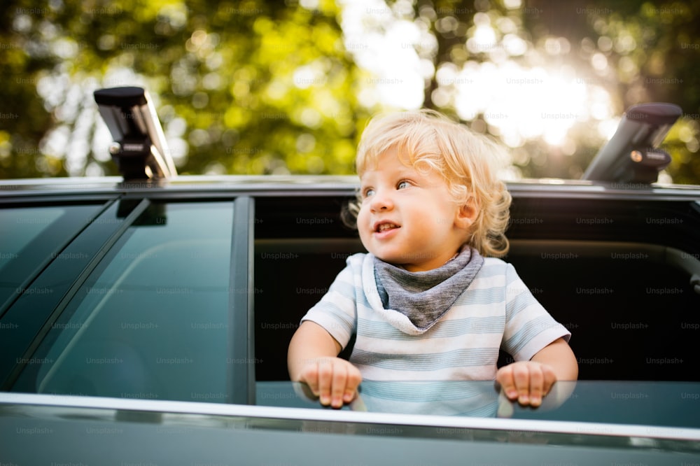 Cute little boy playing in the car, leaning out of window.