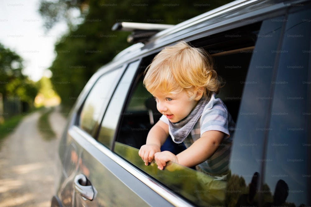 Cute little boy playing in the car, leaning out of window.