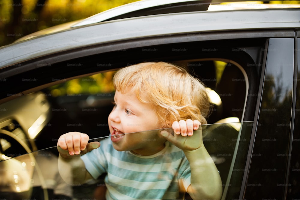 Lindo niño jugando en el auto, mirando por la ventana.