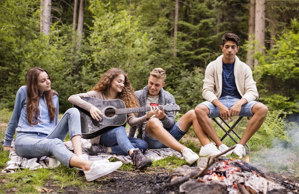 Group of teenagers camping in forest, sitting by the open fire, girl playing guitar.