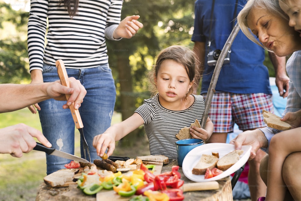 Beautiful family enjoying camping holiday in forest. Barbecue with drinks and food.