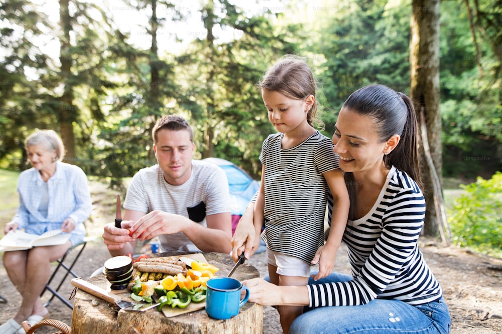 Beautiful family enjoying camping holiday in forest. Barbecue with drinks and food.