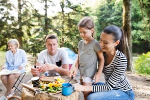 Bella famiglia che si gode le vacanze in campeggio nella foresta. Barbecue con bevande e cibo.