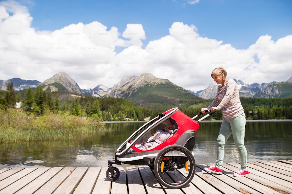 Senior woman and children in jogging stroller at he lake, summer day. High mountains in the background.Senior woman and sleeping grandchildren in jogging stroller at he lake.