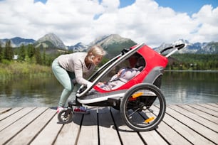 Senior woman and children in jogging stroller at he lake, summer day. High mountains in the background.