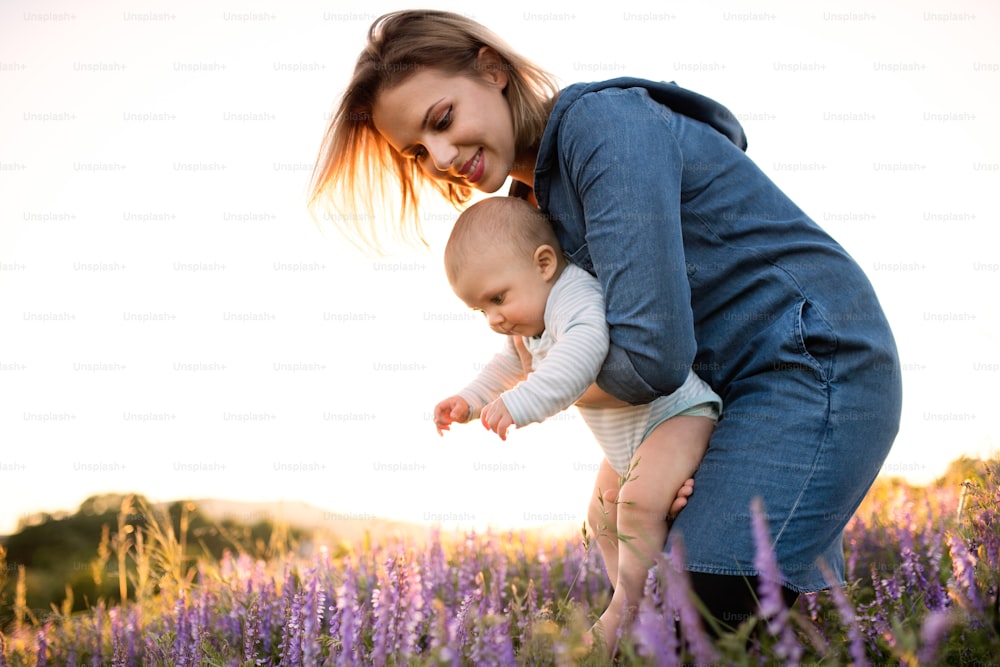Schöne junge Mutter, die ihren kleinen Sohn in den Armen hält, draußen in der Natur im Lavendelfeld.