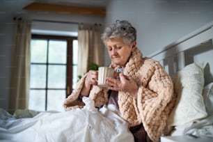 A sick senior woman in bed at home, taking medication. Post-vaccination side-effects.