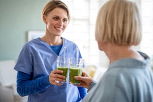 Senior woman with caregiver or healthcare worker indoors, drinking healthy smoothie drink.