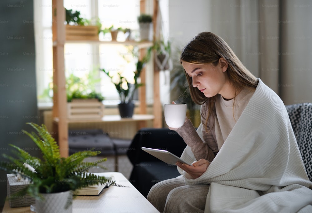 Giovane donna sconvolta e malata avvolta in coperta sul divano di casa, usando tablet.