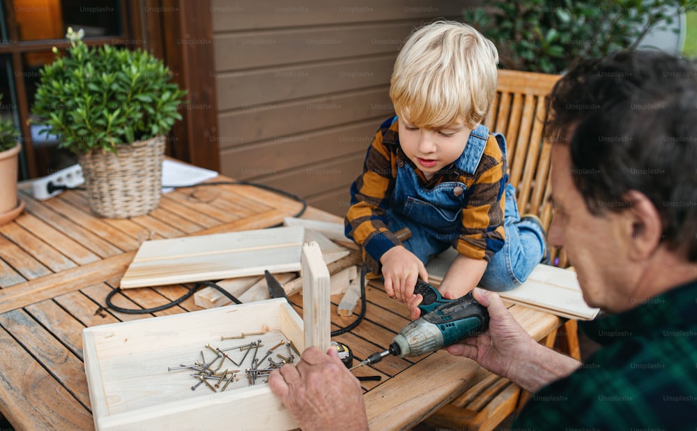 Happy small boy with senior grandfather constructing birdhouse, diy project.