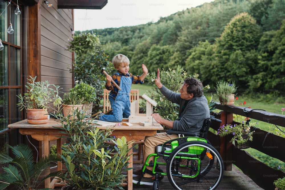 Glücklicher kleiner Junge mit älterem Großvater im Rollstuhl, der Vogelhaus baut, DIY-Projekt.