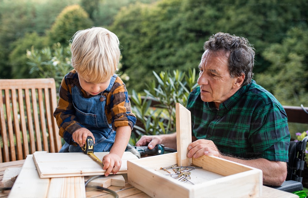 Piccolo ragazzo felice con il nonno anziano in sedia a rotelle che costruisce la casetta degli uccelli, progetto fai-da-te.