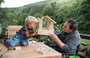 Happy small boy with senior grandfather in wheelchair constructing birdhouse, diy project.