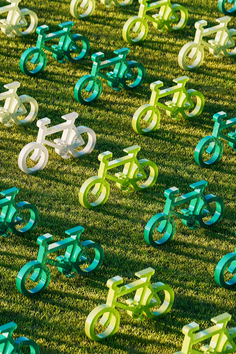 Un montón de bicicletas que están sentadas en la hierba